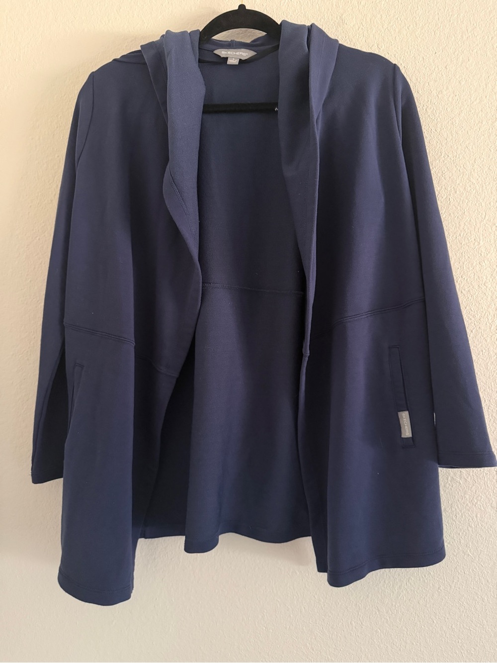 Skechers Women's Blue Restful Hooded Open Front Long Cardigan Athleisure lounge
